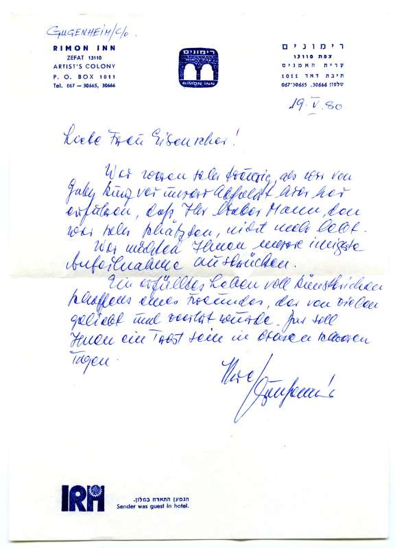 Letter to Luba Eisenscher from Gugenheim<br><br>